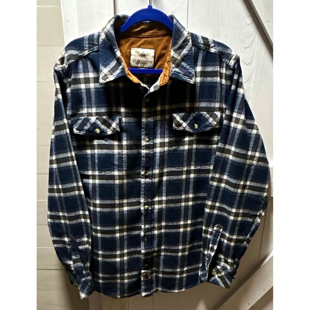 Legendary Whitetails Men's L Blue/White Plaid Flannel Button-Up Shirt Pockets